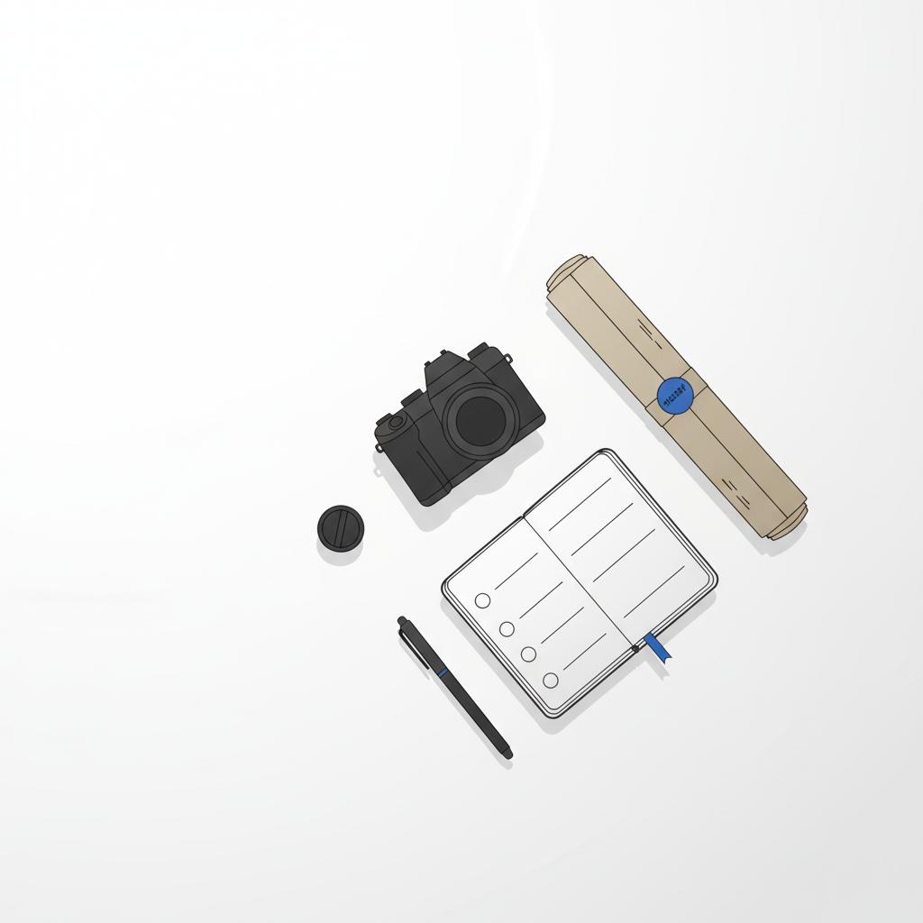 Minimalist vector workspace corner with camera gear, wrapped print ready to ship and a notebook checklist (no visible text) &mdash; what is the best website builder for an artist?