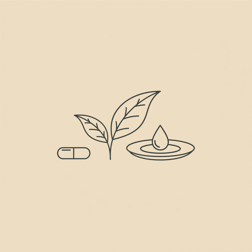 Tonum-style minimalist vector illustration of a tea leaf, small capsule, and plate with a water droplet on a beige background — which tea burns the most belly fat