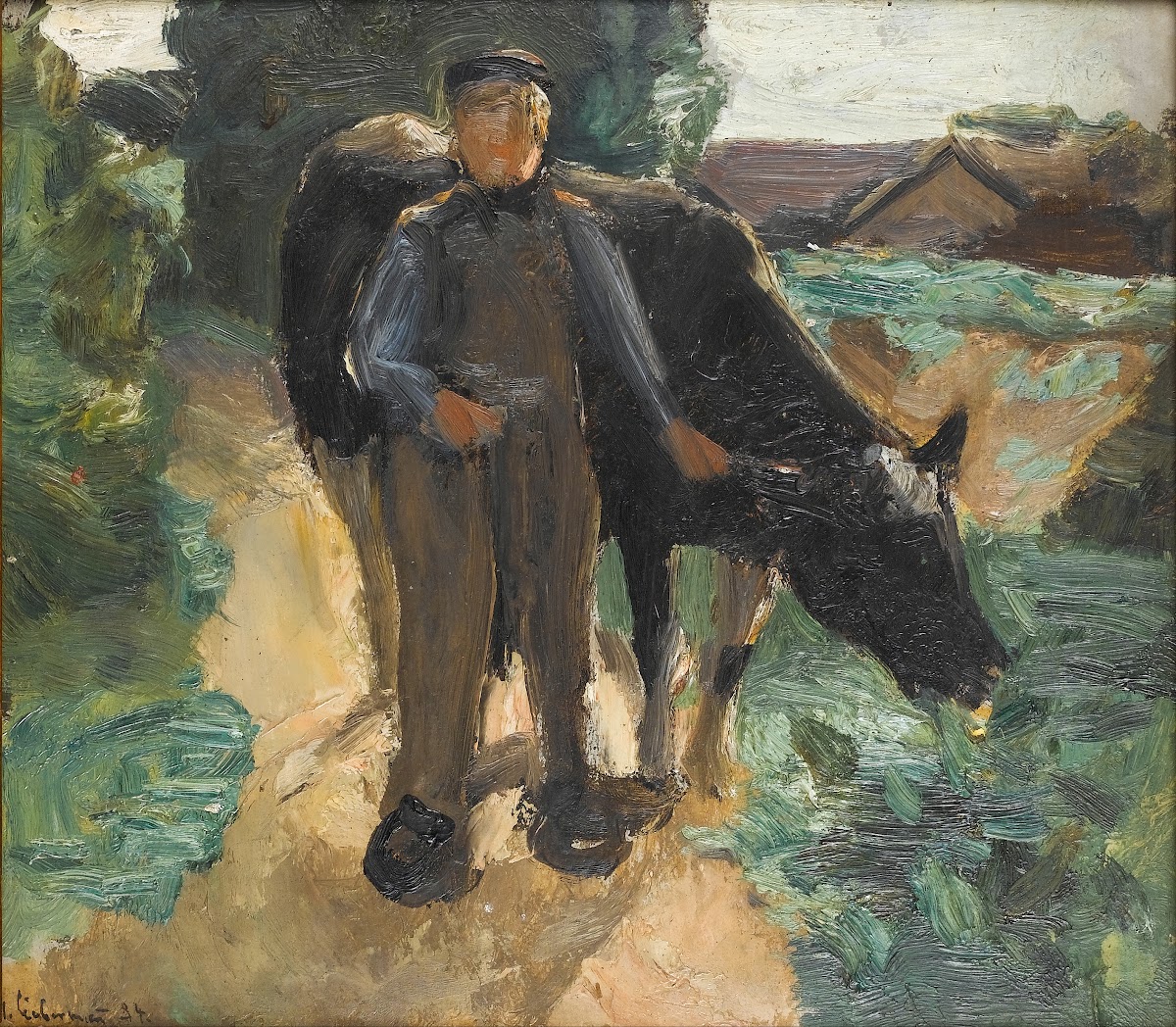 A farmer with his cow 1884