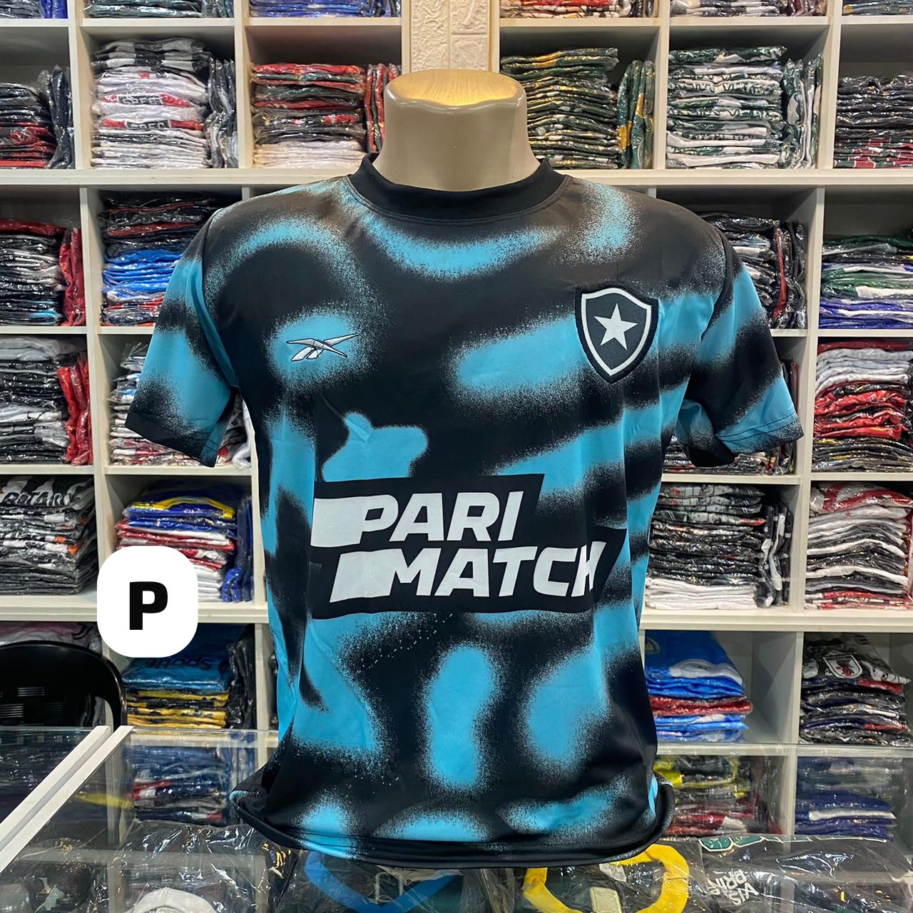 Camiseta Botafogo com PARI MATCH (preto e azul) - P – Atacado no Brás