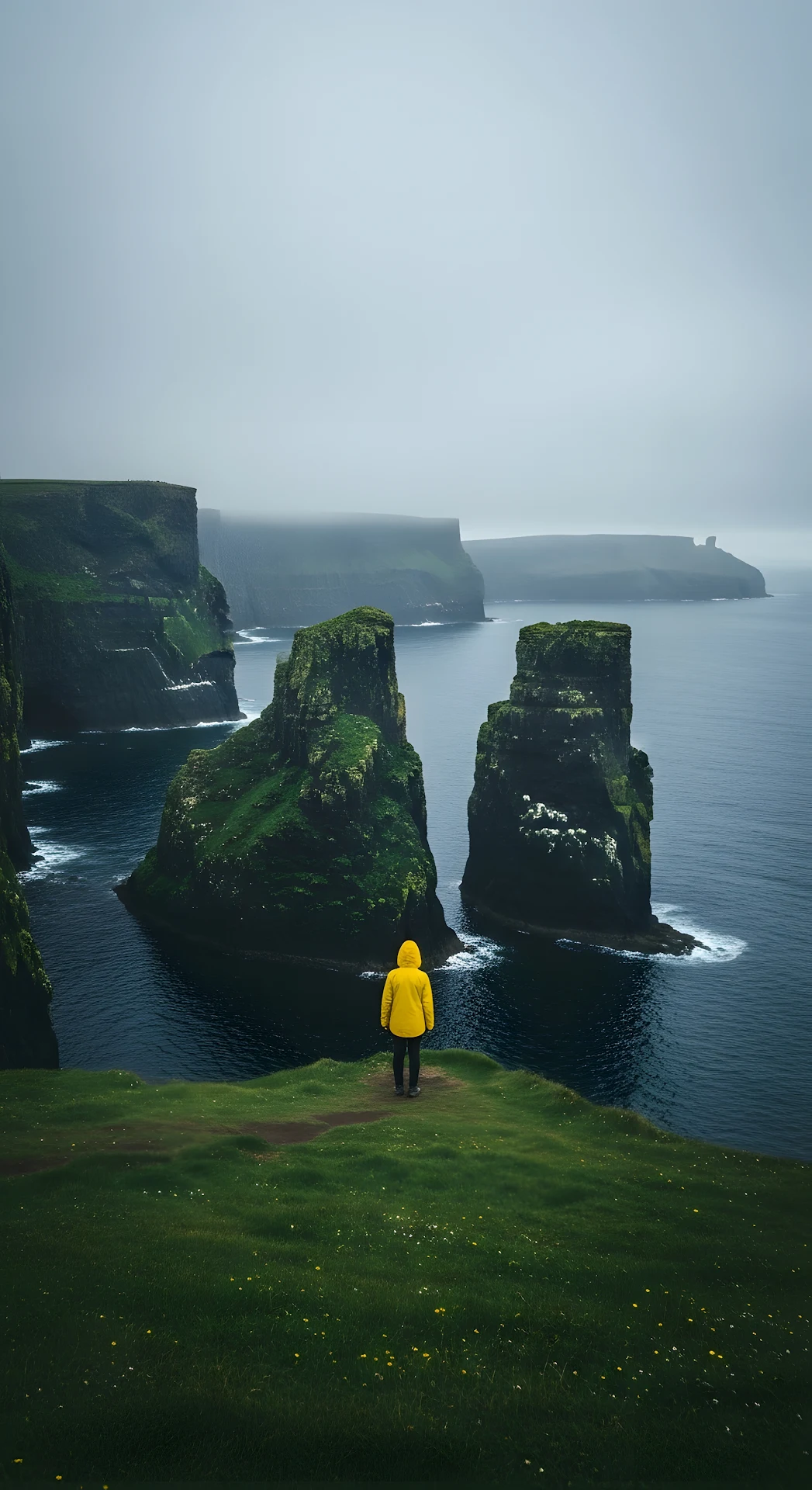 Solitary Figure on Cliffs Overlooking Sea Stacks - Free 4K mobile Wallpaper