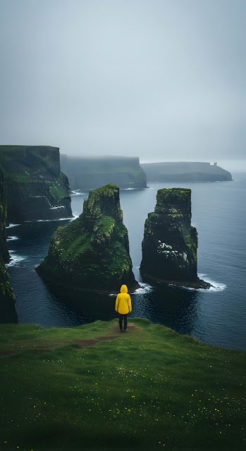 Solitary Figure on Cliffs Overlooking Sea Stacks - Free mobile Wallpaper