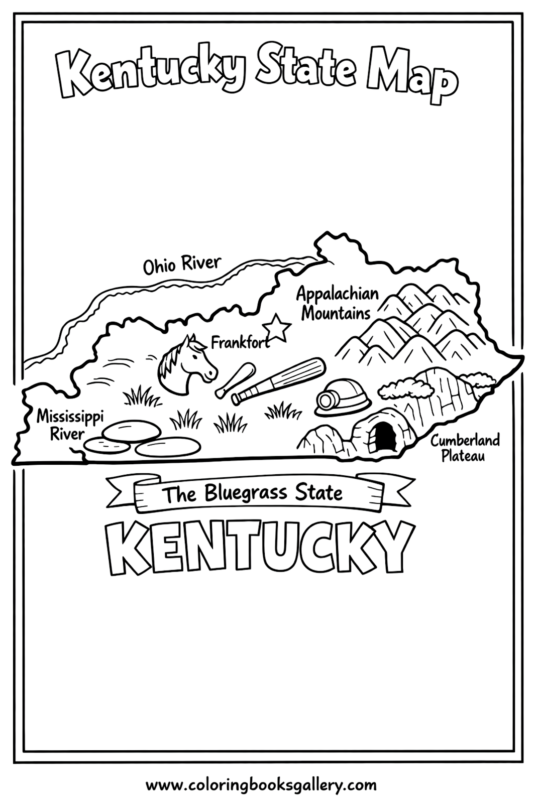Kentucky State Map for Kids – Simple Educational Printable Coloring Page for Kids – printable coloring page