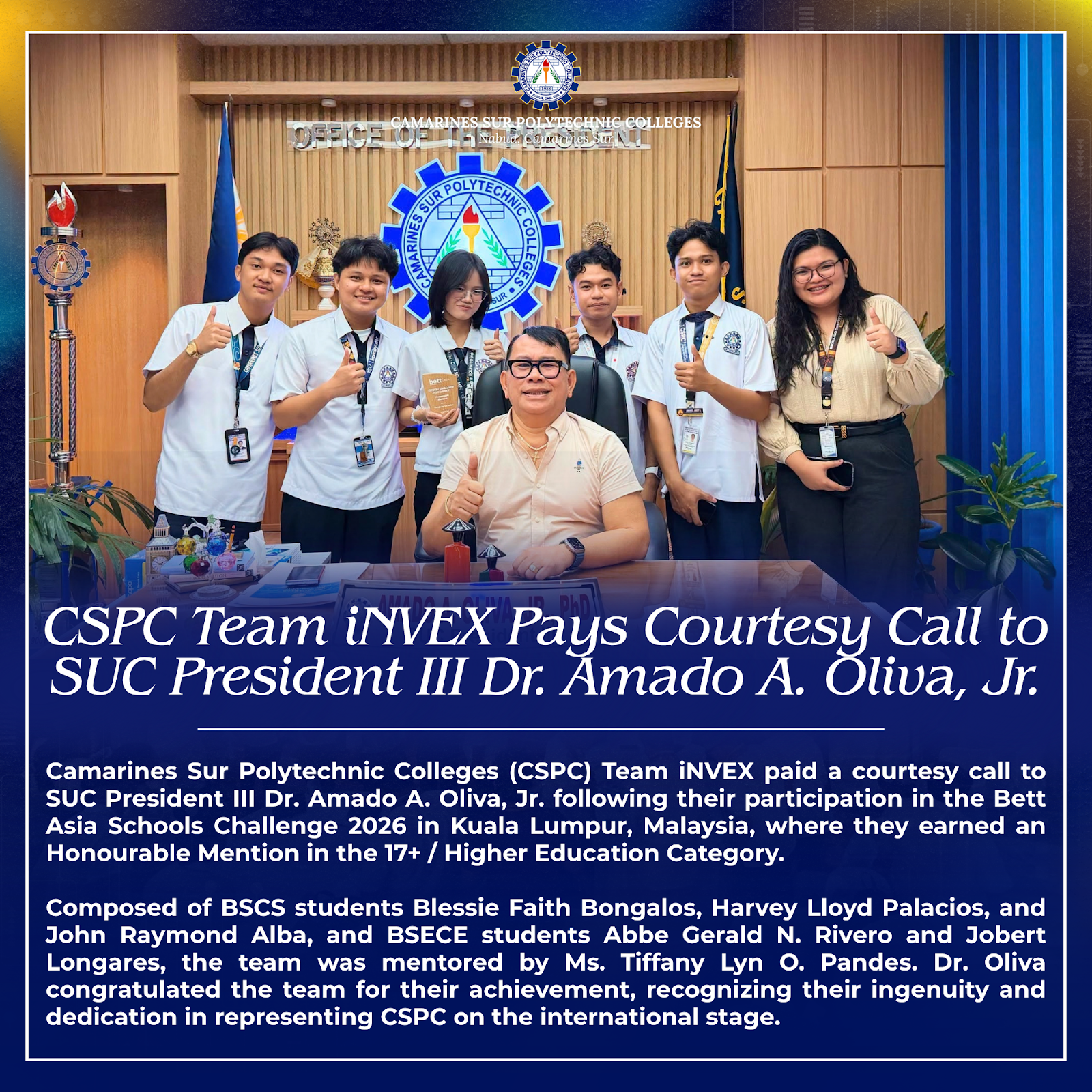 𝗖𝗦𝗣𝗖 𝗧𝗲𝗮𝗺 𝗶𝗡𝗩𝗘𝗫 𝗣𝗮𝘆𝘀 𝗖𝗼𝘂𝗿𝘁𝗲𝘀𝘆 𝗖𝗮𝗹𝗹 𝘁𝗼 𝗦𝗨𝗖 𝗣𝗿𝗲𝘀𝗶𝗱𝗲𝗻𝘁 𝗜𝗜𝗜 𝗗𝗿. 𝗔𝗺𝗮𝗱𝗼 𝗔. 𝗢𝗹𝗶𝘃𝗮, 𝗝𝗿.