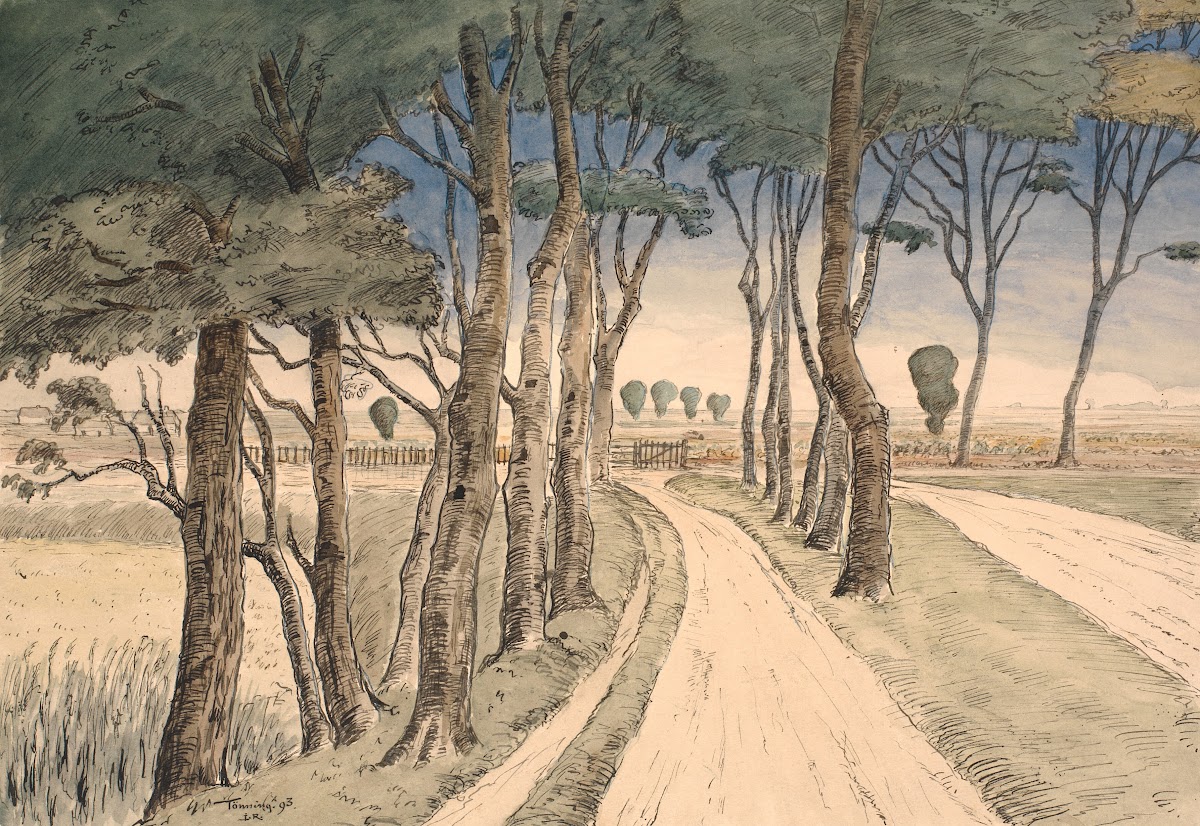 Field landscape In the foreground a road with trees 1893