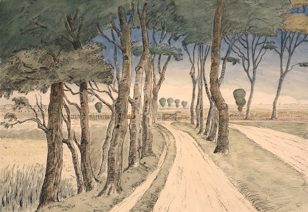 Field landscape In the foreground a road with trees 1893