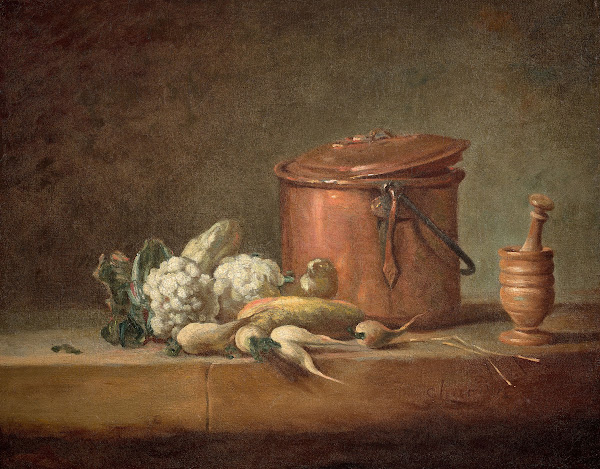Marmite de cuivre choux fleurs et égrugeoir avec son pilon sur un entablement