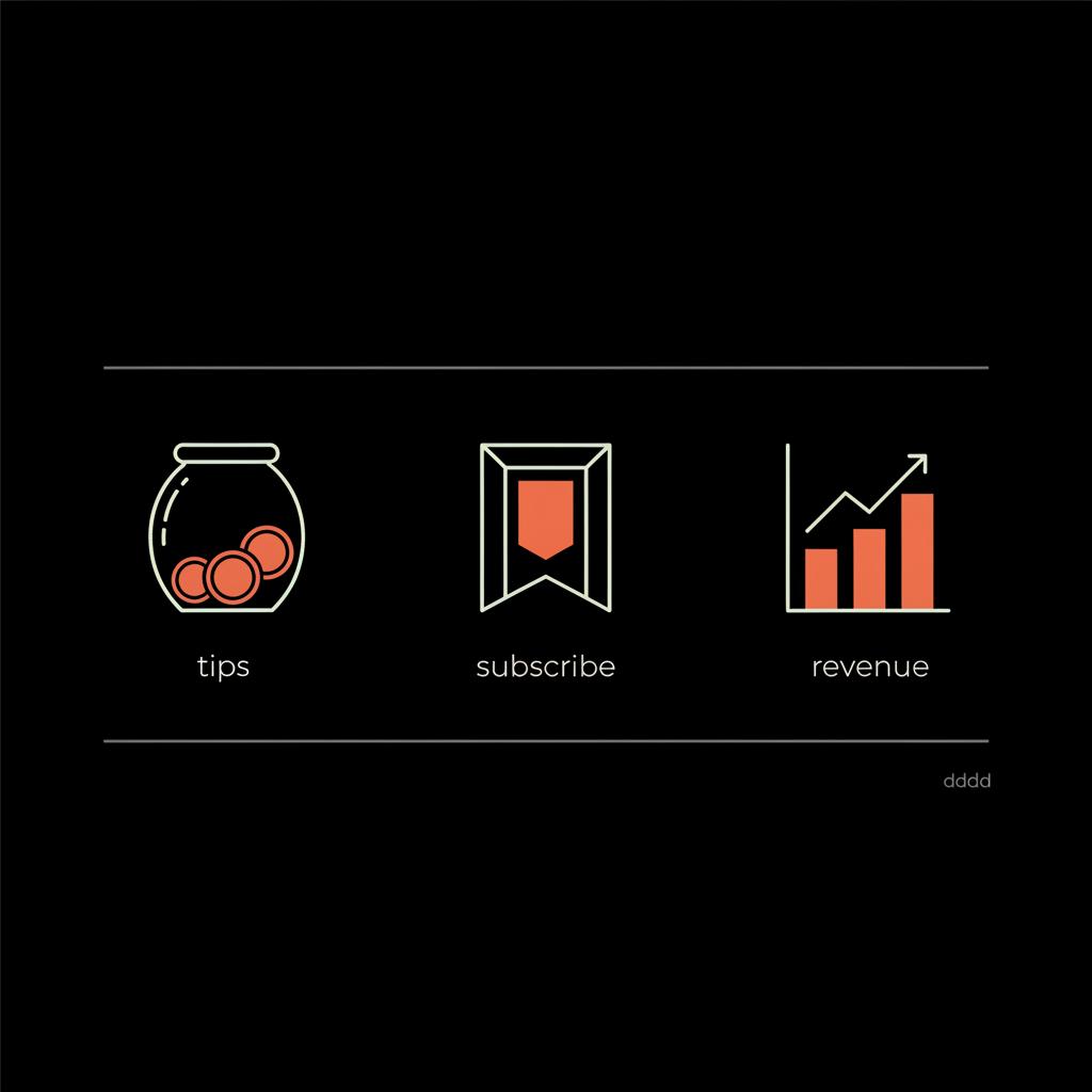 Minimal vector infographic with tip jar, subscription badge, and ad chart on black background illustrating Do Twitter Blue users get paid