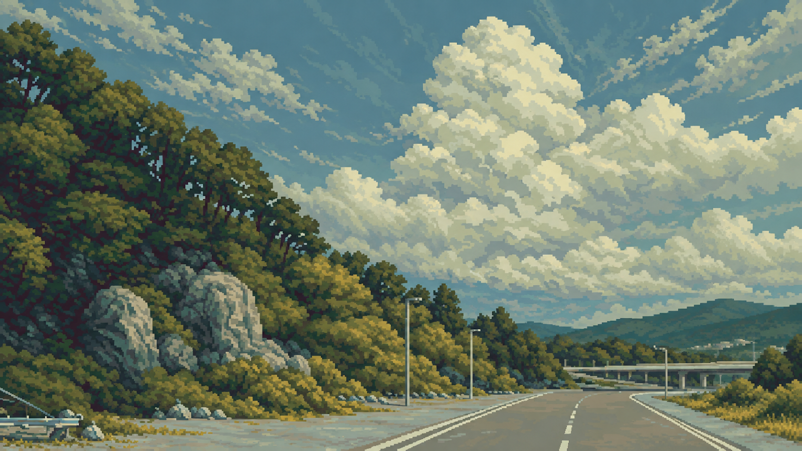 Pixel Highway Beneath Cloudscapes