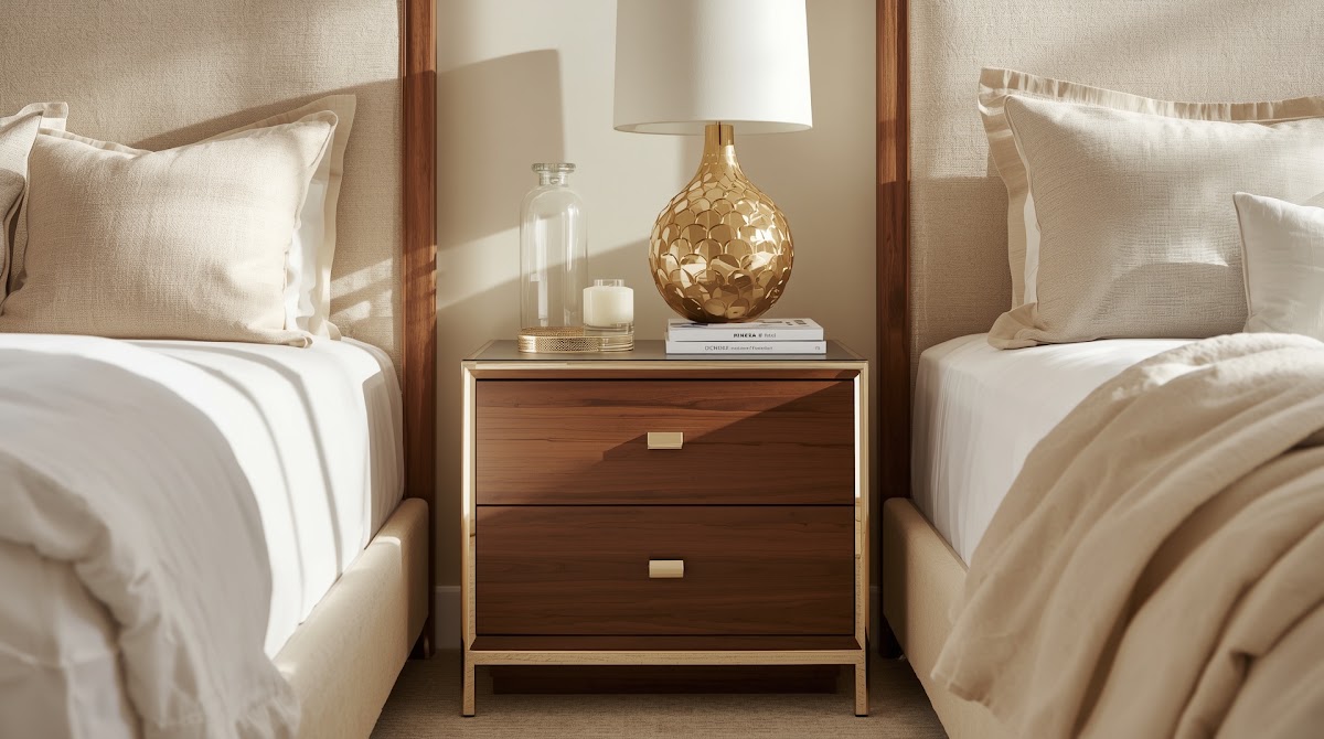 How to Use Chrome Bedroom Decor With Walnut Nightstands - chrome side table beside walnut furniture in a living room