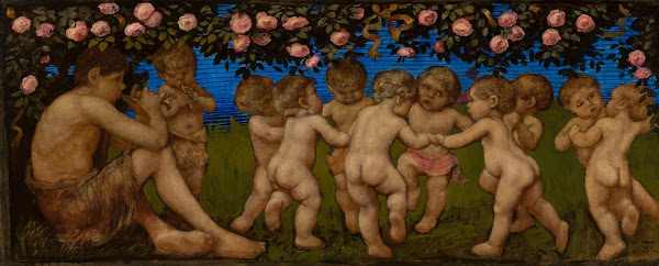 Dancing putta with a garland of roses