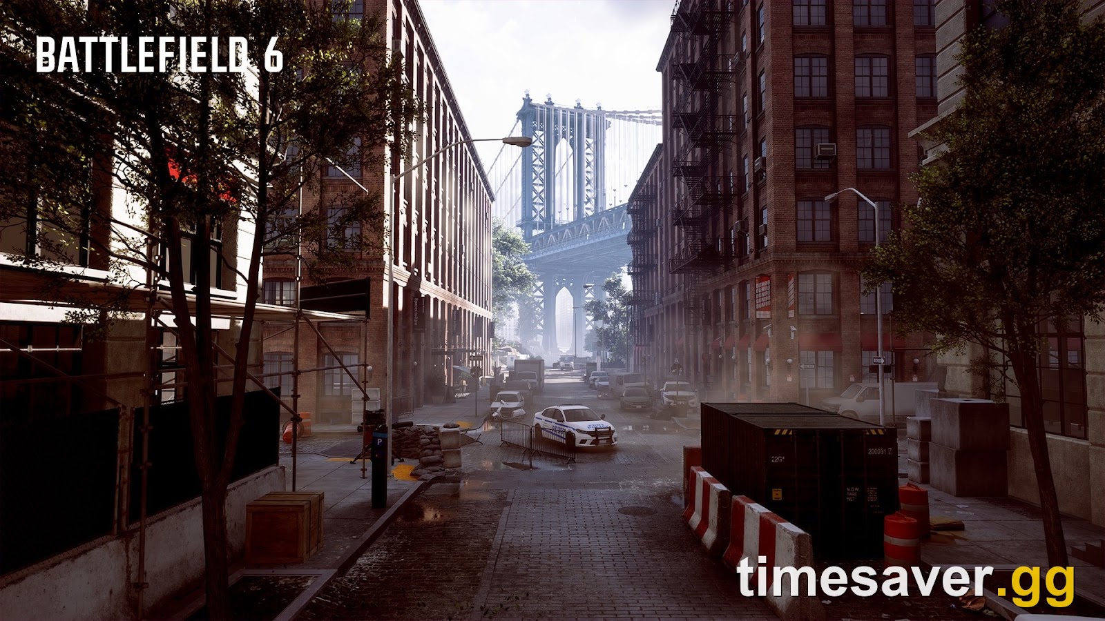 Battlefield 6 screenshot of a long straight city street with a suspension bridge at the far end