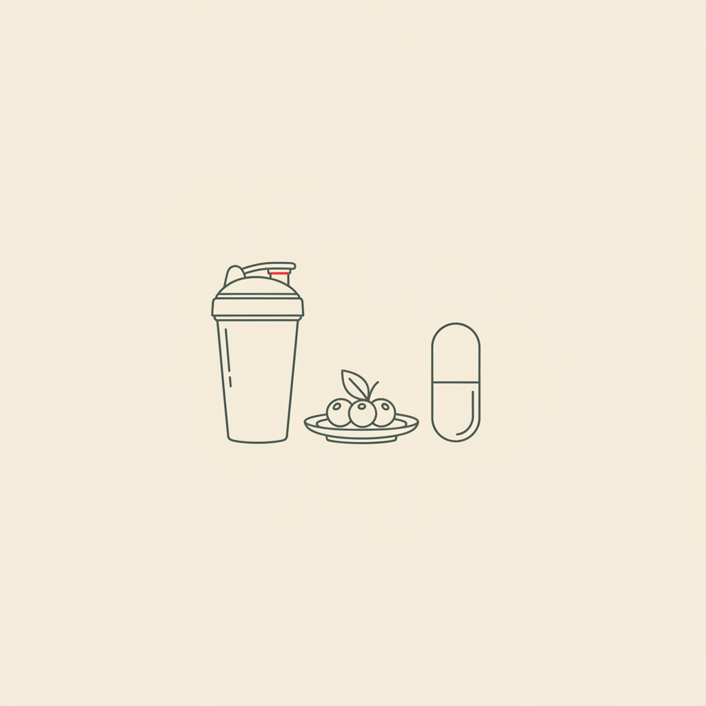 Minimalist Tonum-style vector illustration of a shaker bottle, plate with berries and leaf, and a capsule on beige background — protein shake for women weight loss