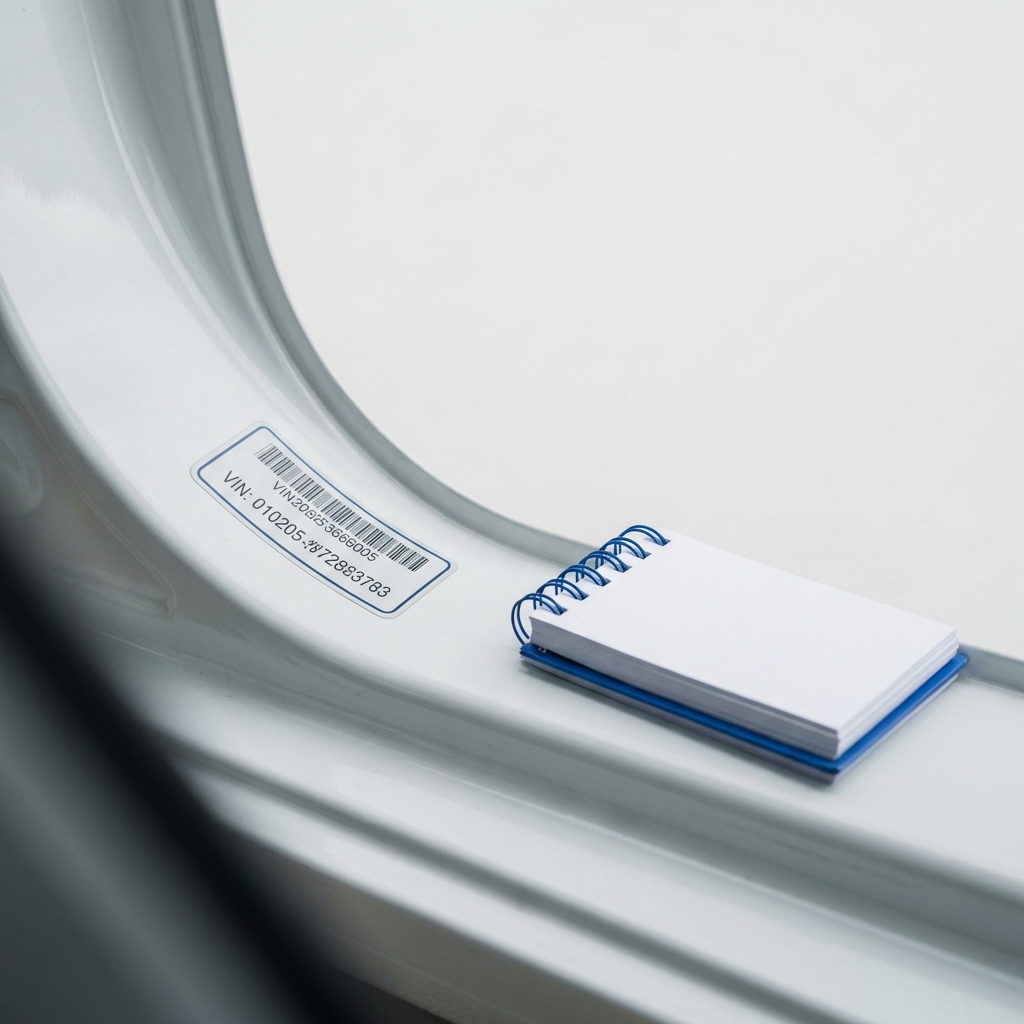 Close up of car door jamb showing VIN sticker on white background with small blue notepad nearby minimalist CarFax Deals image for VIN lookup
