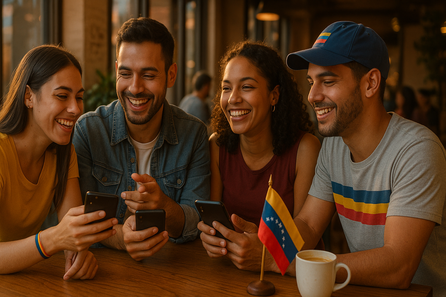 Venezolanos en un café compartiendo información en sus teléfonos, ambiente cálido y colaborativo