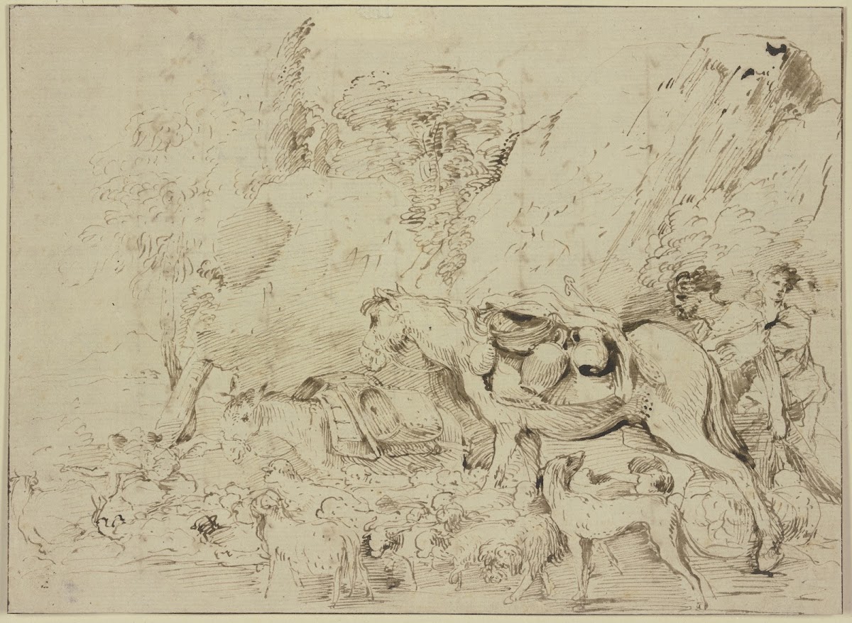 Hirten mit Pferd Esel und Schafherde in einer Felsenlandschaft
