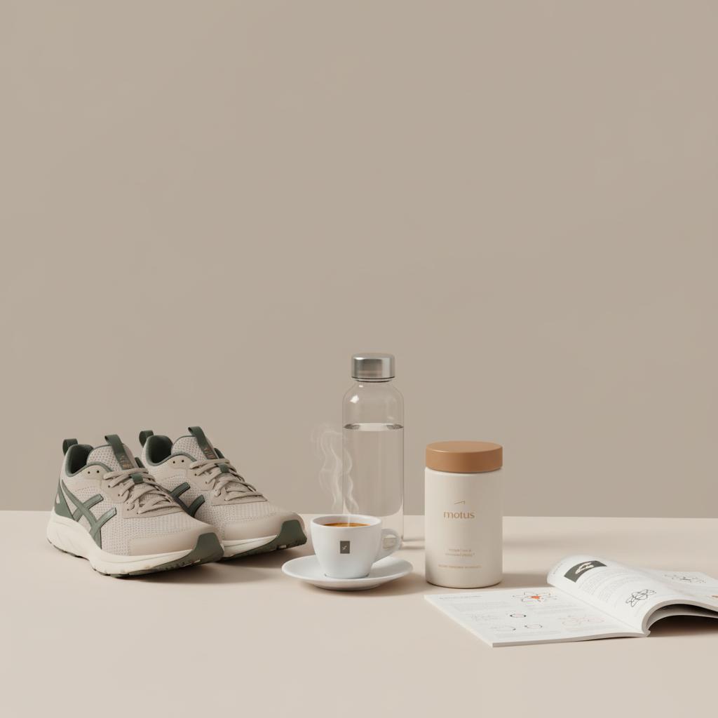 Minimalist home workout still-life: Motus bottle beside running shoes, water bottle, steaming espresso cup and research pamphlet — does caffeine activate AMPK