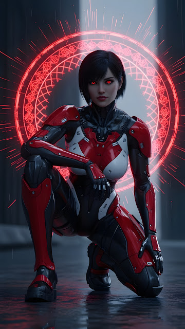 Cyberpunk Woman in Red and Black Mecha Armor Suit - Free mobile Wallpaper