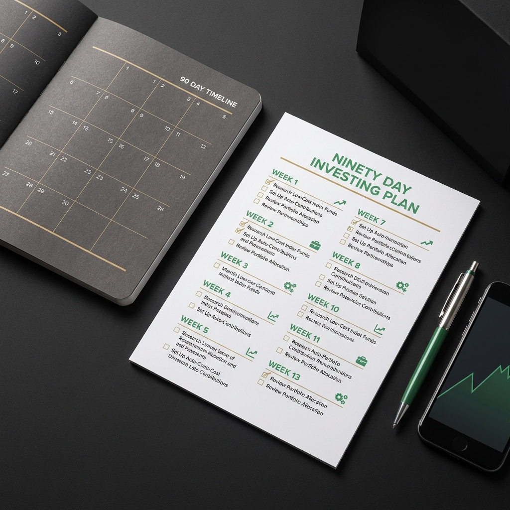 Close up of a calendar and labeled checklist for a ninety day investing plan on a dark Finance Police background showing steps and milestones and how do i start investing