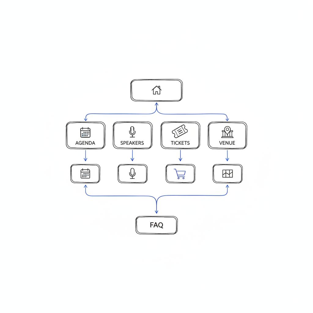 Minimal 2D vector sitemap sketch for an event website showing interconnected icon-only boxes for home, agenda, speakers, tickets, venue, and FAQ in Agency Visible colors.