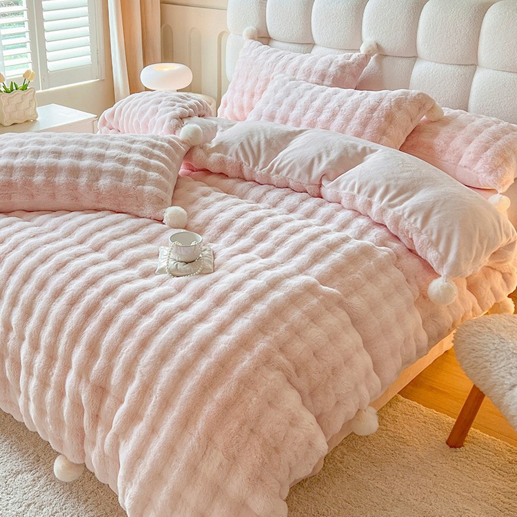 Fluffy Milk Fiber Fleece Bedding Set with Pom Poms