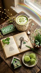 Festive Spring Flatlay with 'MARCH' Sign, Green Coffee, and Macarons