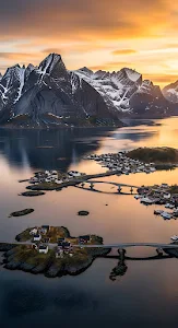 Lofoten Village Under Golden Sunset and Snow-Capped Peaks