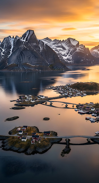 Lofoten Village Under Golden Sunset and Snow-Capped Peaks - Free mobile Wallpaper