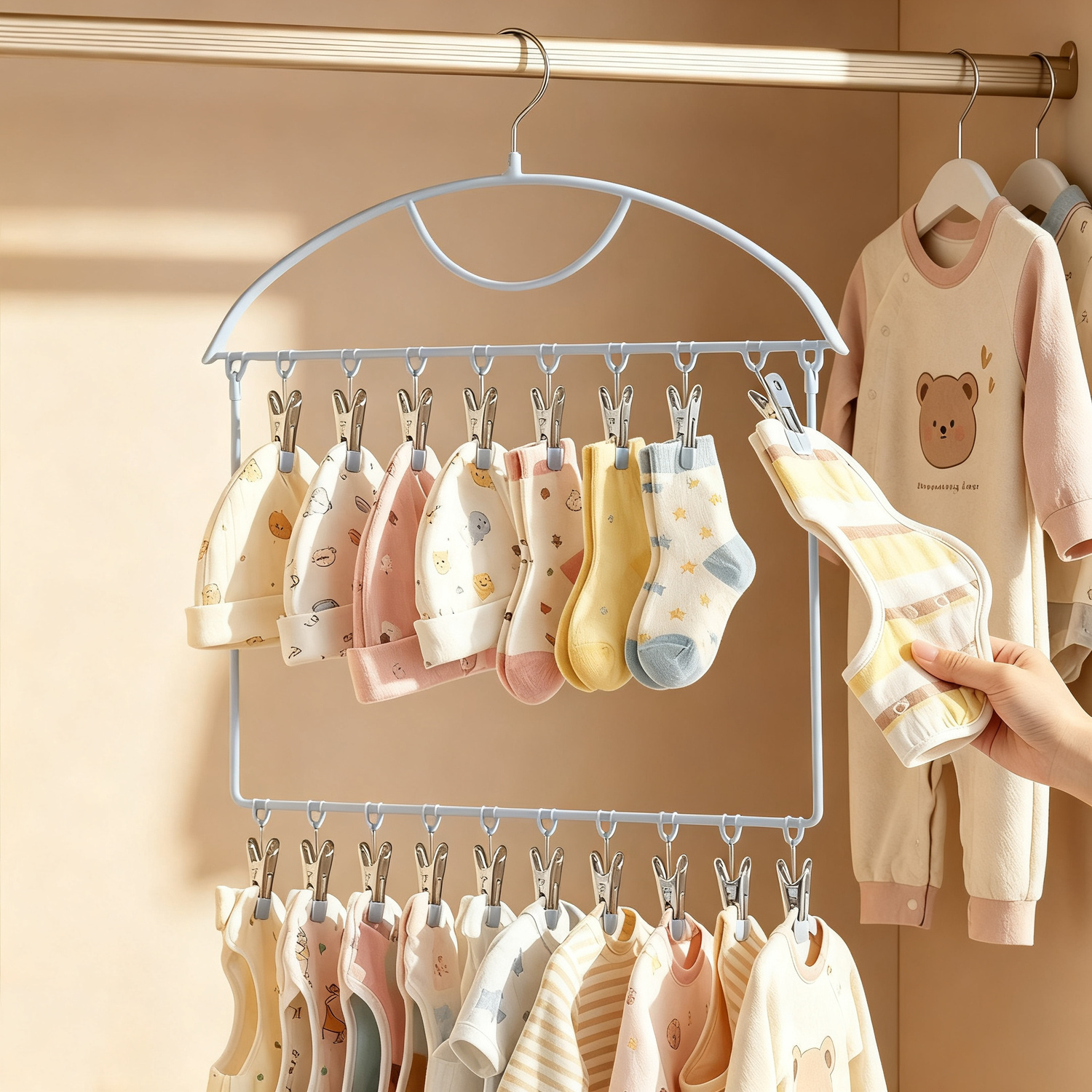 Clothes drying rack with multiple clips for baby clothes