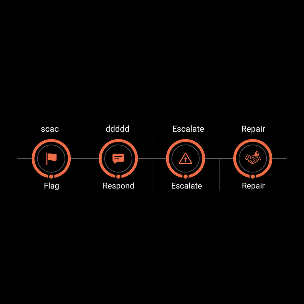 Minimal flat infographic timeline showing steps Flag, Respond, Escalate, Repair for cost to remove a Google review on a black background with orange accents
