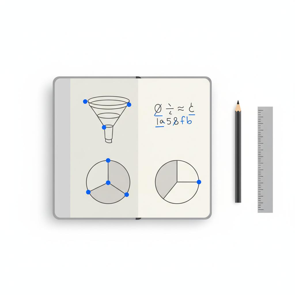 Flat-lay 2D vector notebook page with funnel and CPC math scribbles, channel-mix pie charts, pencil and ruler, blue highlights for a good cost per click rate