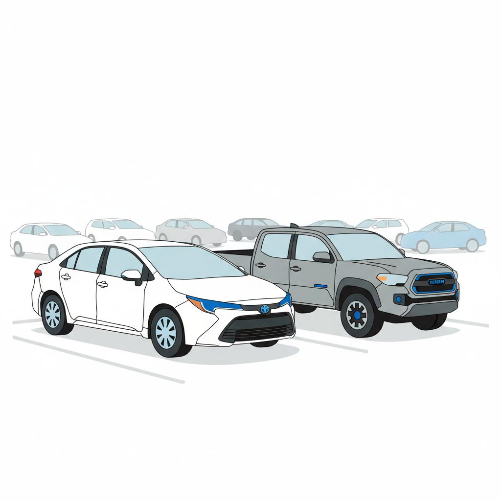 Minimalist vector dealership lot showing Toyota Corolla and Toyota Tacoma side by side in daylight on white background with blue accents dealerships near me toyota