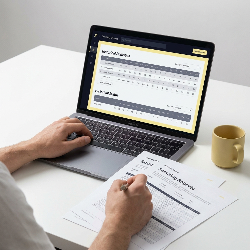 Close shot of an analyst reviewing scouting notes and a laptop with tables of historical stats illustrating What Is a Sharp Sports Trader in a minimalist Funded Plays style