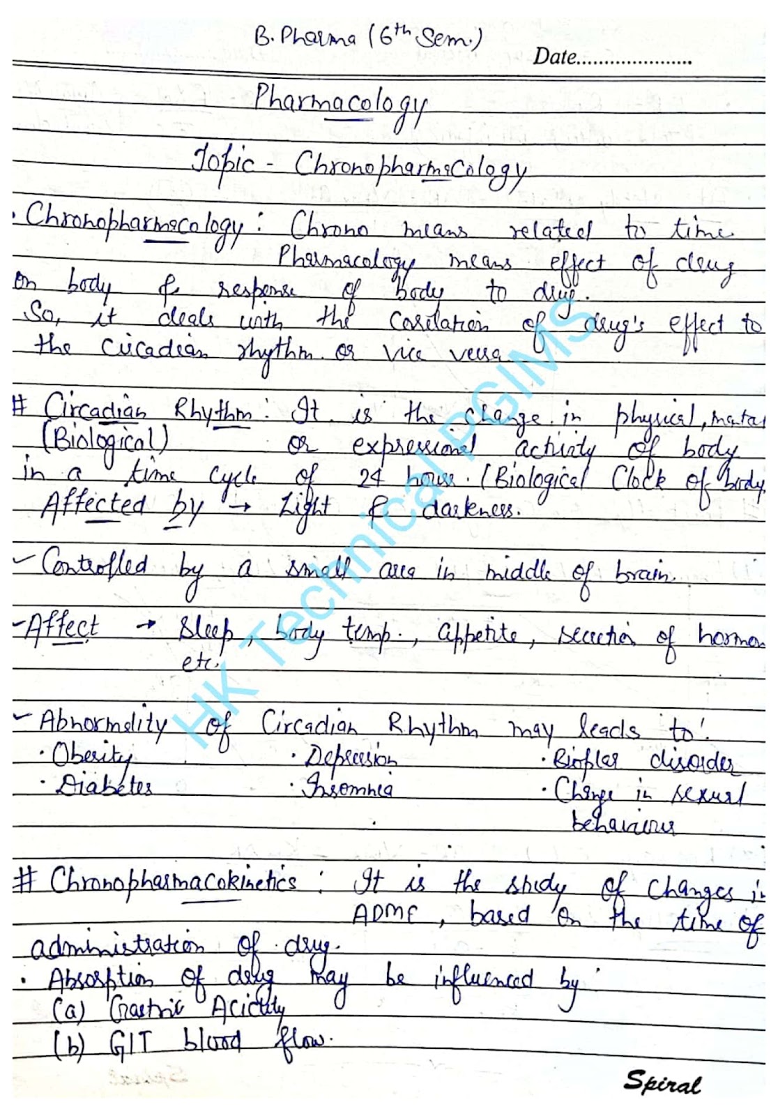 Chrono Pharmacology Brief Notes 6th Semester B.Pharmacy Assignments,BP602T Pharmacology III,BPharmacy,Handwritten Notes,BPharm 6th Semester,Important Exam Notes,