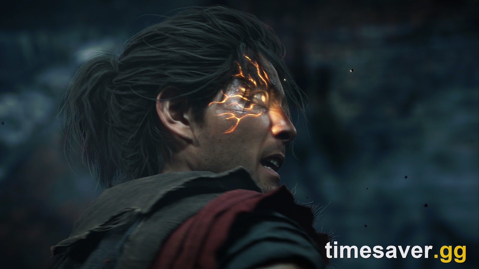 Glowing Oni power markings spread across Miyamoto Musashi's face as he channels absorbed Genma souls in Onimusha: Way of the Sword