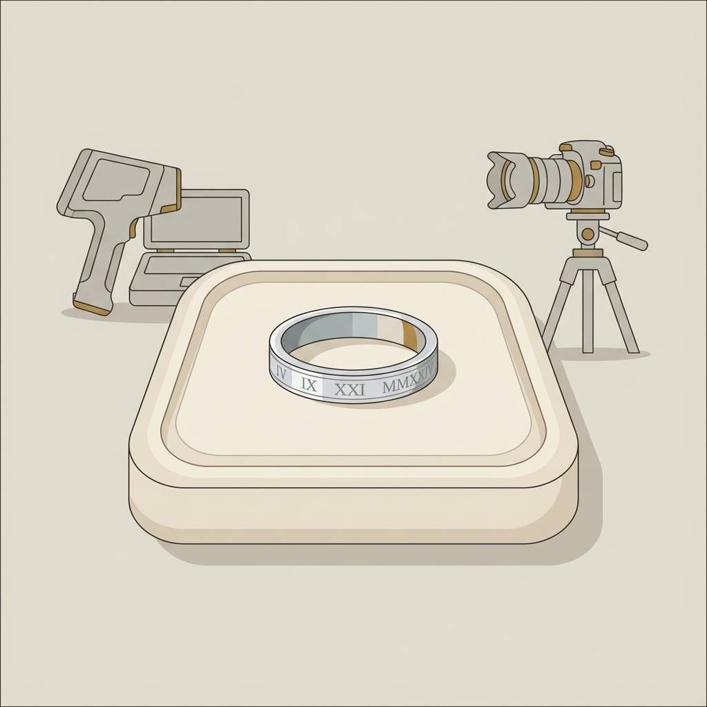 Minimalist 2D vector of a conservator workstation with a silver roman numeral ring on a padded tray and simplified XRF and photography tools in the background in Aurora Antiqua palette