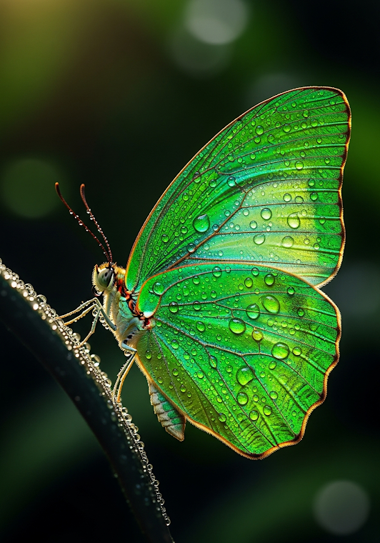 Glowing Green Butterfly Water Drops Macro Photo