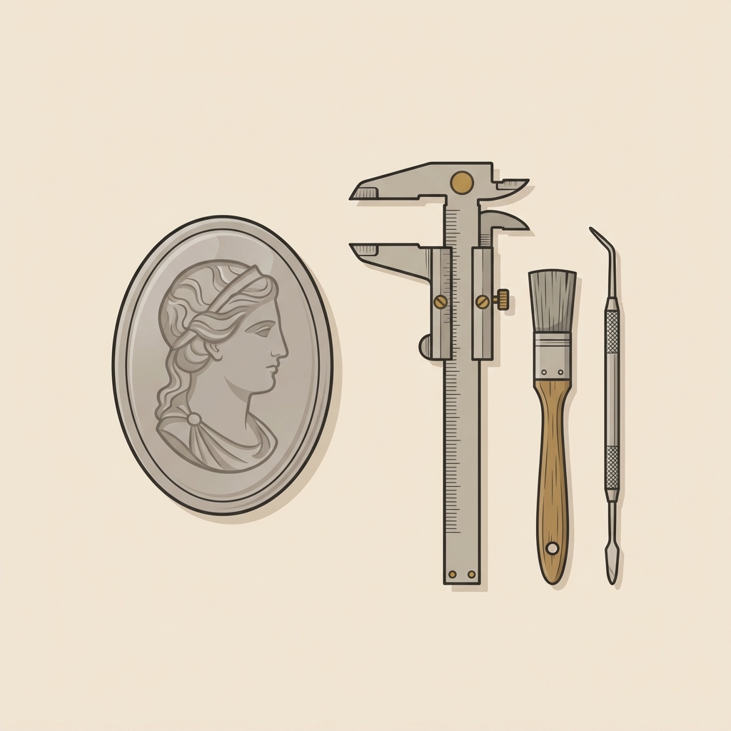 Minimalist 2D vector of a carved intaglio cabochon beside conservator tools and measurement calipers on a warm parchment background evoking antique celtic rings craftsmanship