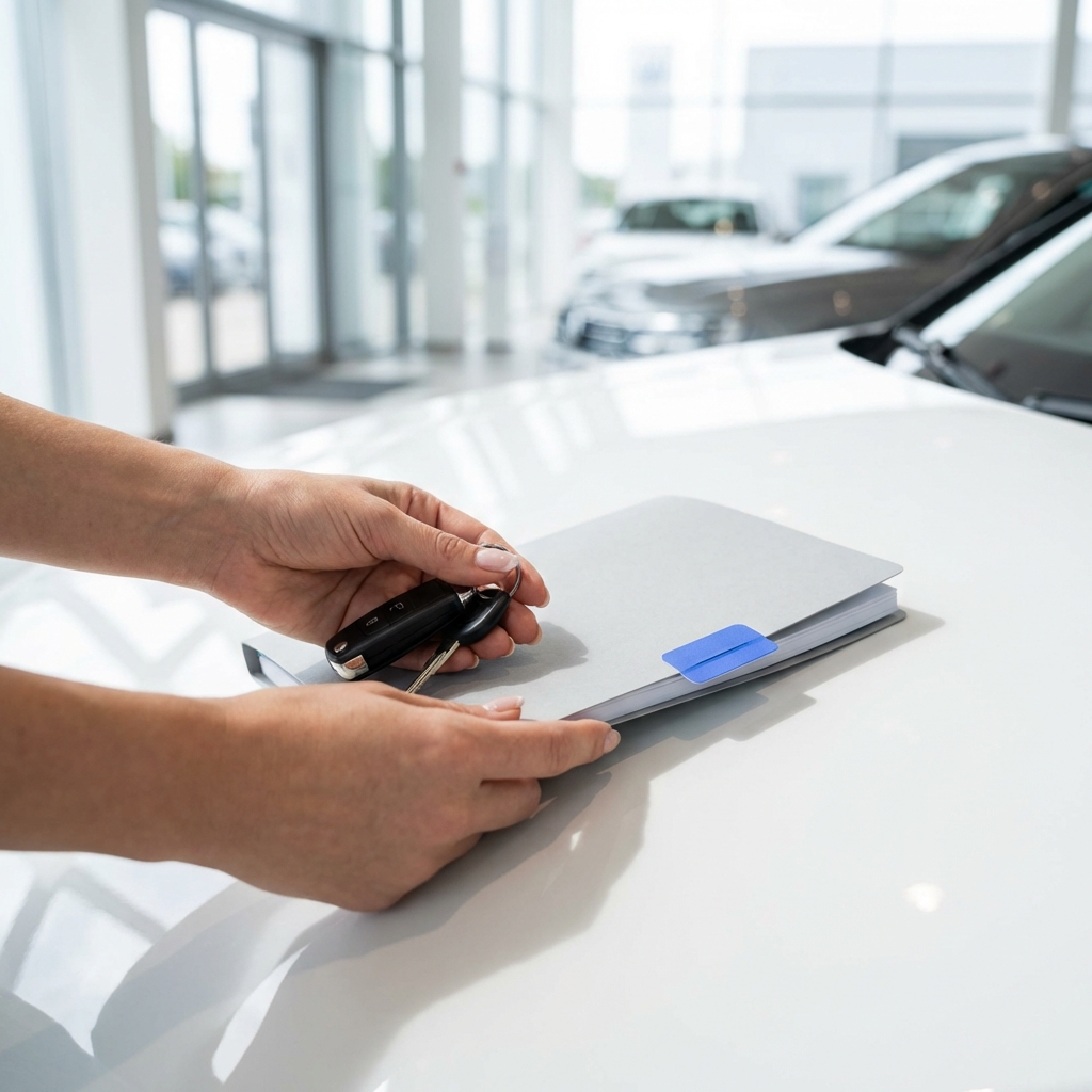 do dealerships prefer trade-ins close up of hands holding car keys and a maintenance folder on a white car hood with blue 3666ed accent tab no faces