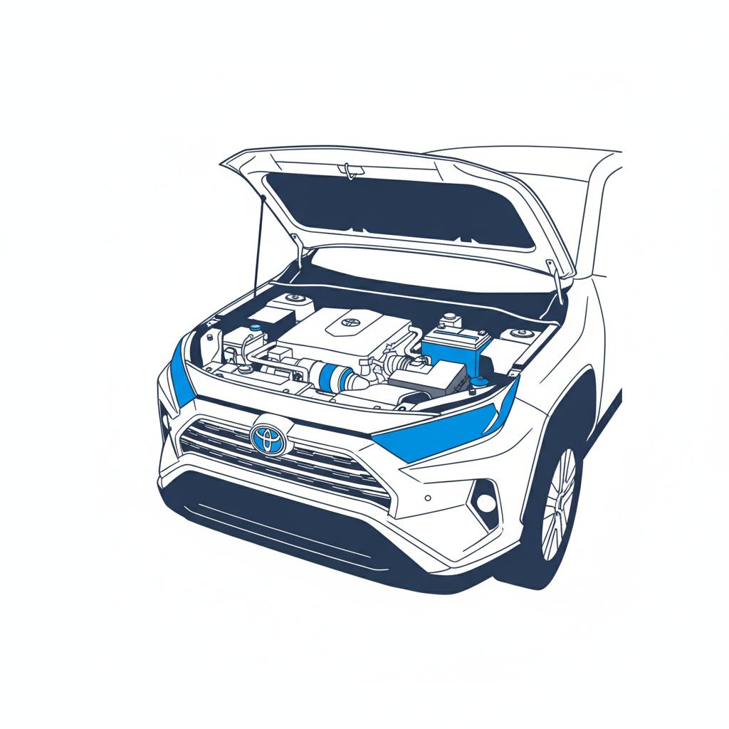 Minimalist vector of open hood RAV4 hybrid engine bay highlighting battery and inverter in blue 3666ed on white background rav 4 for sale