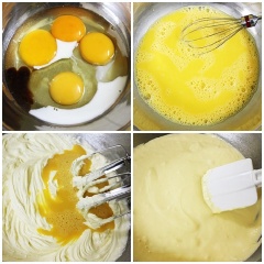 Trong một cái âu khác dùng que đánh trứng (whisk) đánh đều 2 trứng và 2 lòng đỏ trứng, 1 muỗng cà phê sữa tươi và 1 muỗng cà phê vani. Để máy chạy ở tốc độ vừa, từ từ đổ hỗn hợp chất lỏng vào thau bơ đường, đánh đều.