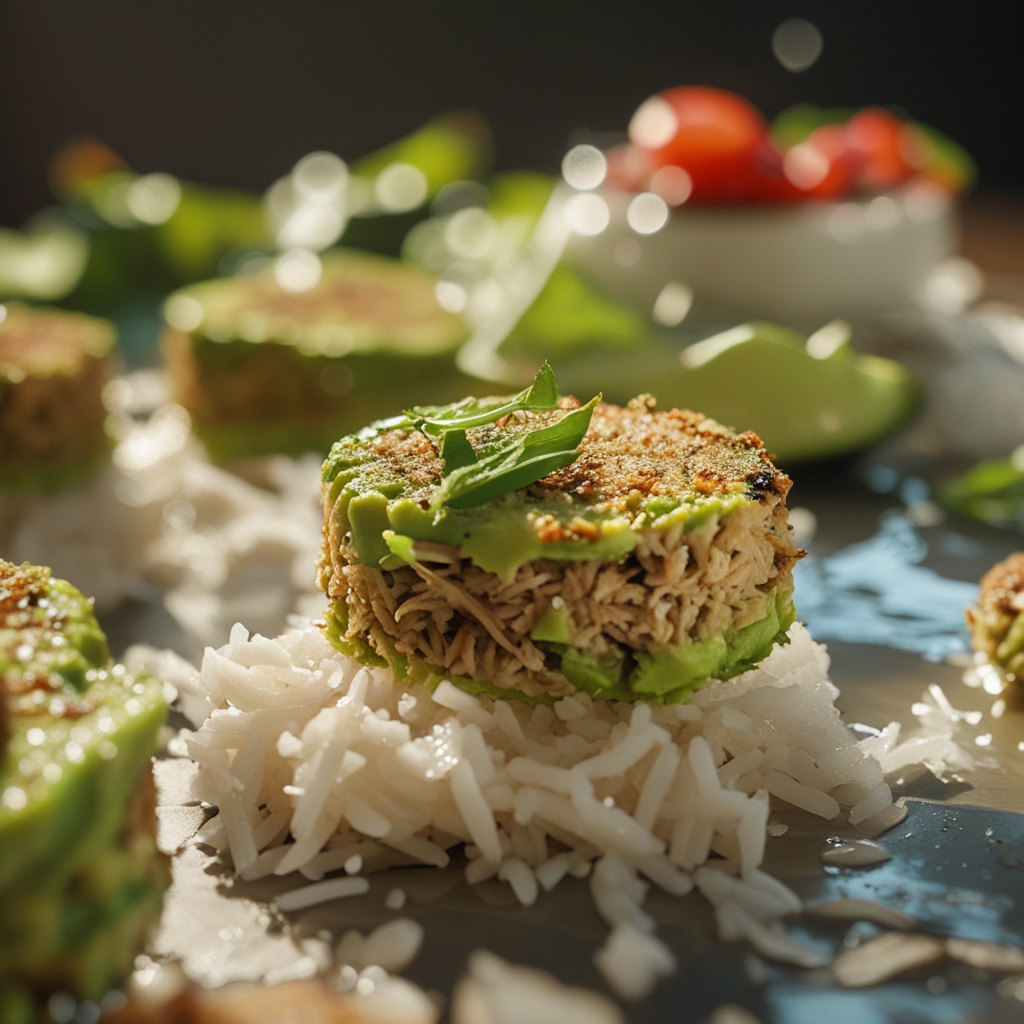 Final Crunchy Avocado Tuna Cakes over Coconut Rice with Sriramala Yogurt