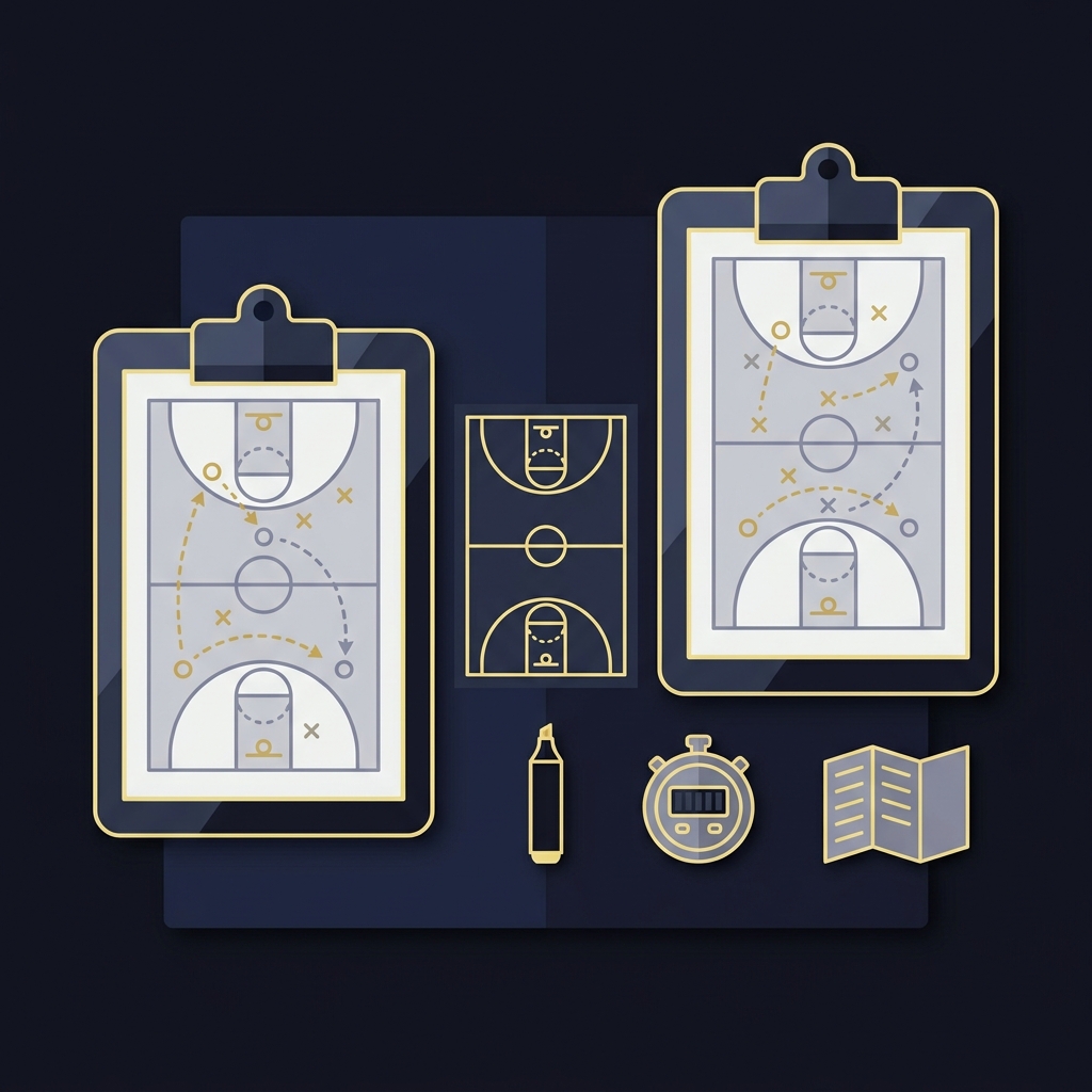 Minimal 2D vector of two coach clipboards with basketball X O play diagrams and accent arrows on a dark Funded Plays background illustrating matchup and margin thinking how to bet on a basketball game