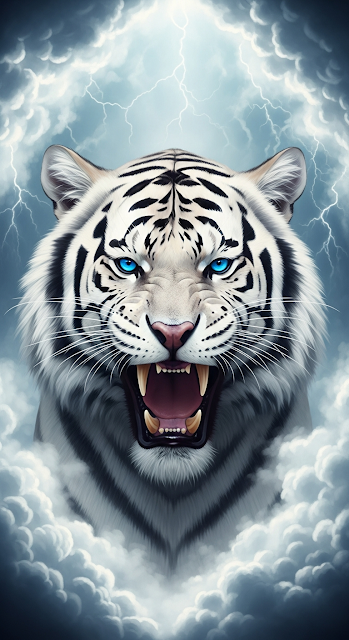 Dramatic White Tiger Roar Digital Painting with Bright Blue Eyes - Free mobile Wallpaper