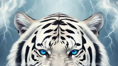 Dramatic White Tiger Roar Digital Painting with Bright Blue Eyes