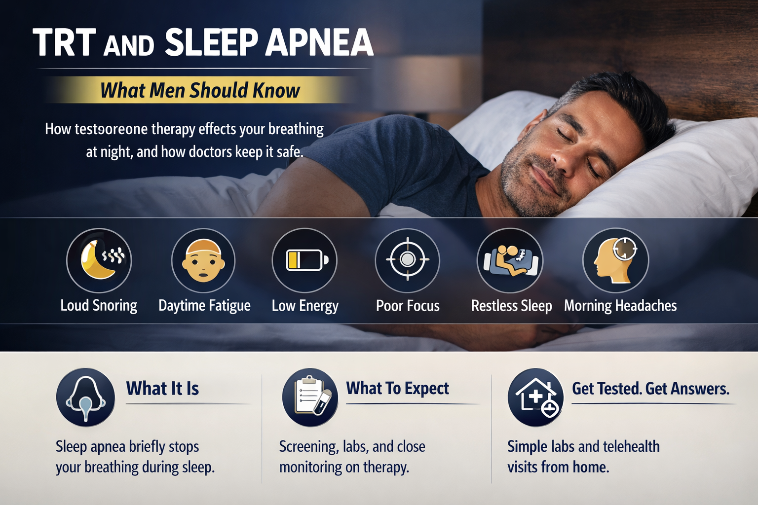TRT and Sleep Apnea: Is Testosterone Therapy Safe If You Snore? — AZTRT Arizona TRT clinic blog cover showing a man sleeping at night with an infographic on sleep apnea symptoms, screening, and monitoring