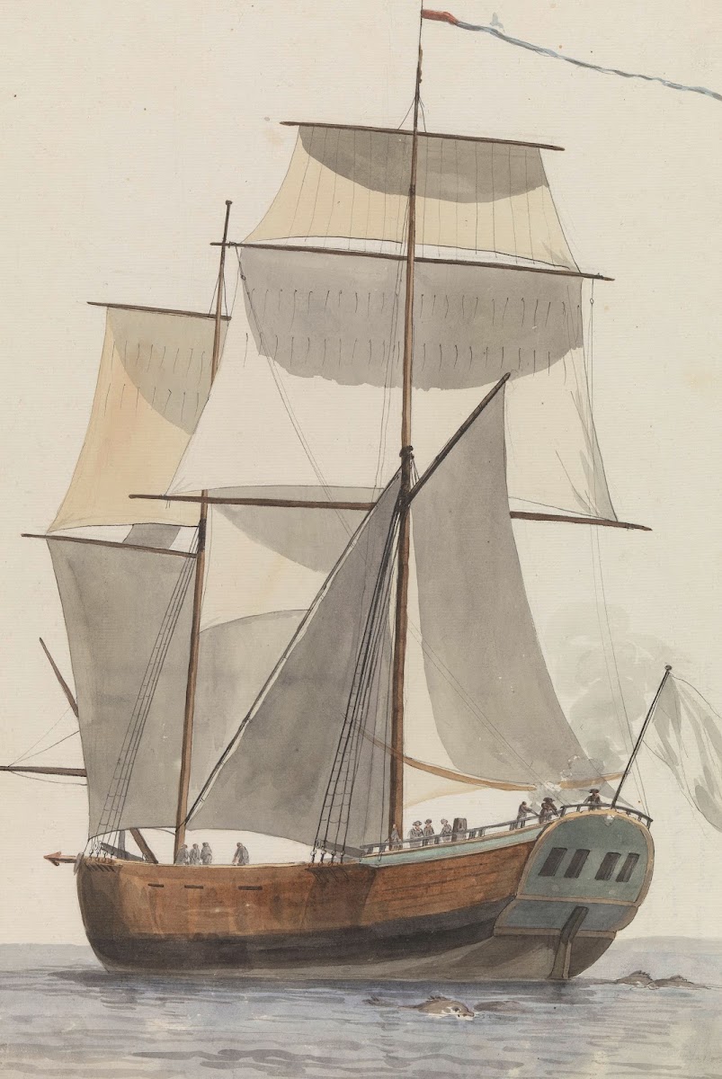 Frans brigantijn schip lHeureuse Marianne waarop het reisgezelschap van Valette