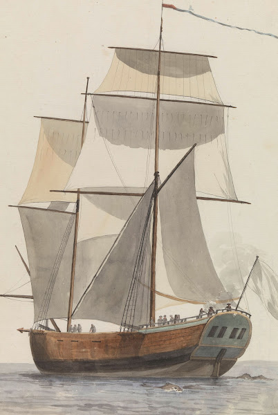 Frans brigantijn schip lHeureuse Marianne waarop het reisgezelschap van Valette