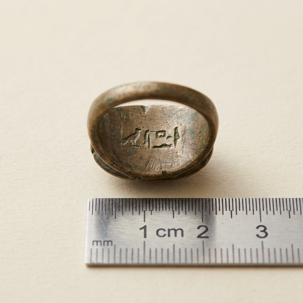 Macro photograph of an antique scarab ring base showing incised tool marks and an inscription with a ruler for scale on a neutral beige background