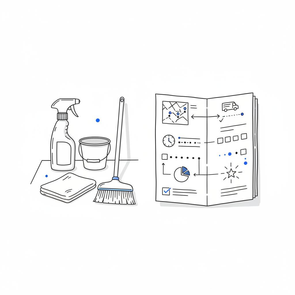 Minimalist 2D vector still-life of cleaning tools and a folded checklist sketch with icons (van, clock, star) on a white background for Google Business Profile.